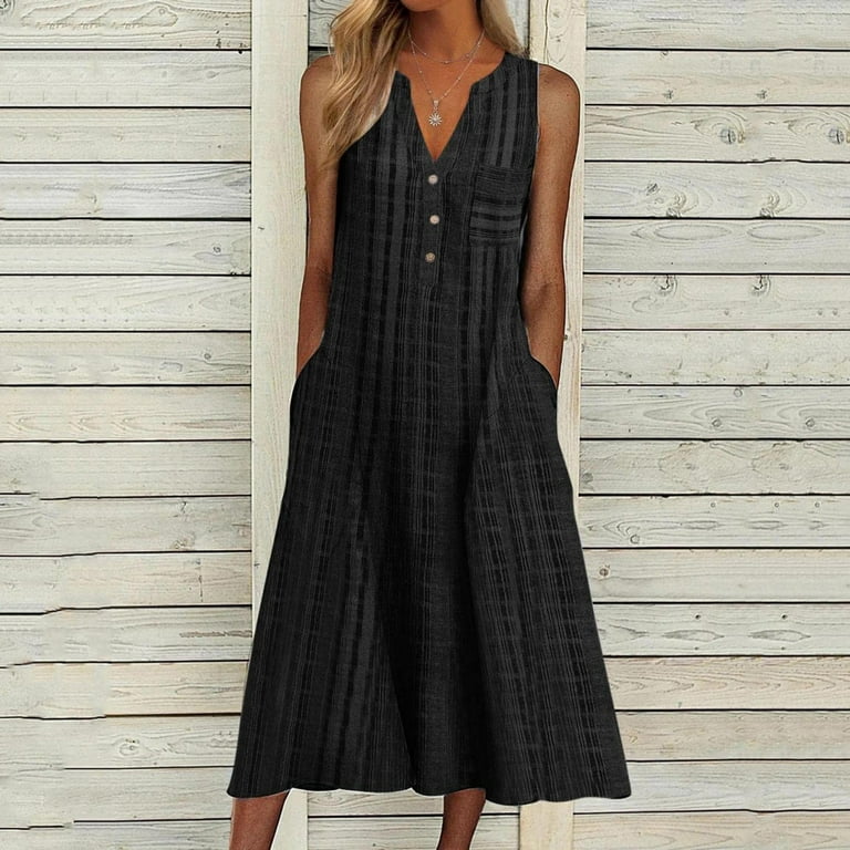 IROINNID Women's V-Neck Shift Dress Fashion Casual Sleeveless Button  Striped Print Pocket Maxi Dress Ankle-Length Dress - Walmart.com