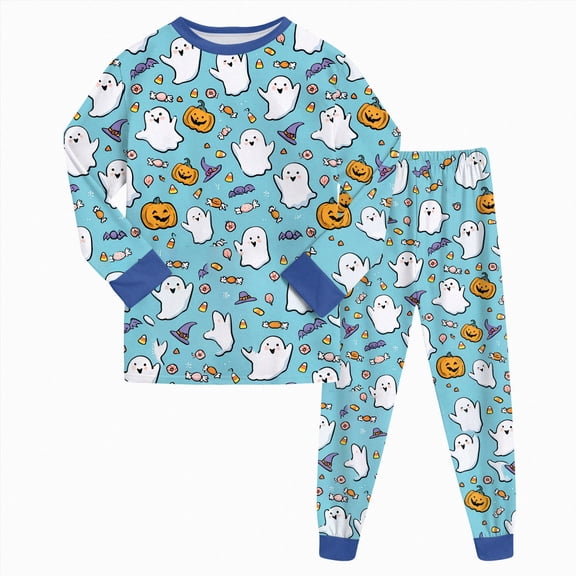 Linfrsh Halloween Cute Cartoon Pajamas for Big Girls Soft Long Sleeve Winter Nighty PJS 2PCS Sleepwear Set (Sky Blue,6-7 Years)