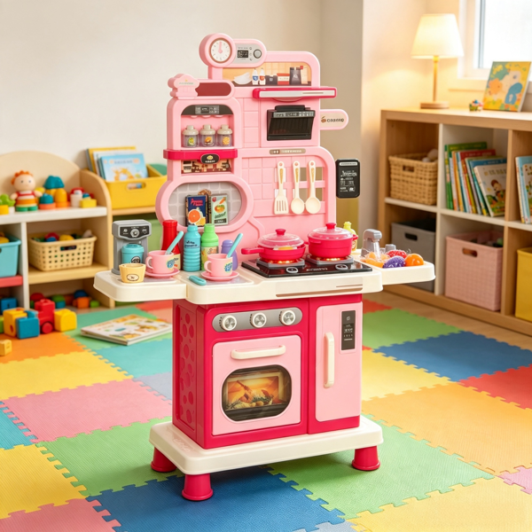 33-Piece Kids Play Kitchen, Lights, Sounds & Water Sink, Ages 3-6, Pink