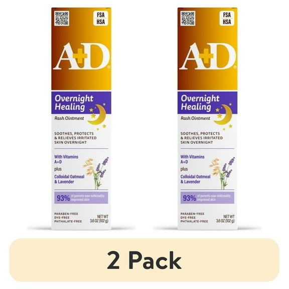 (2 pack) A D Overnight Healing Diaper Rash Ointment for Baby, Soothes, Protects & Relieves Overnight, 3.6oz