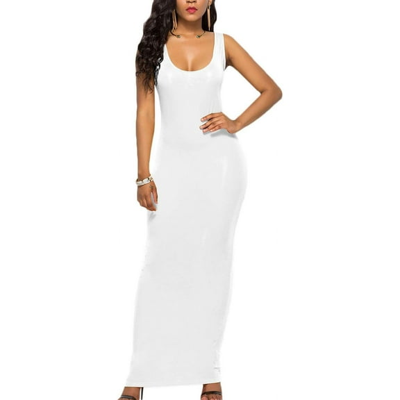 HLSOHJP Women's Casual Solid Color Sleeveless Bodycon Dresses Plus Size Fitted Maxi Sundress Vest Long Beach Tank Dress