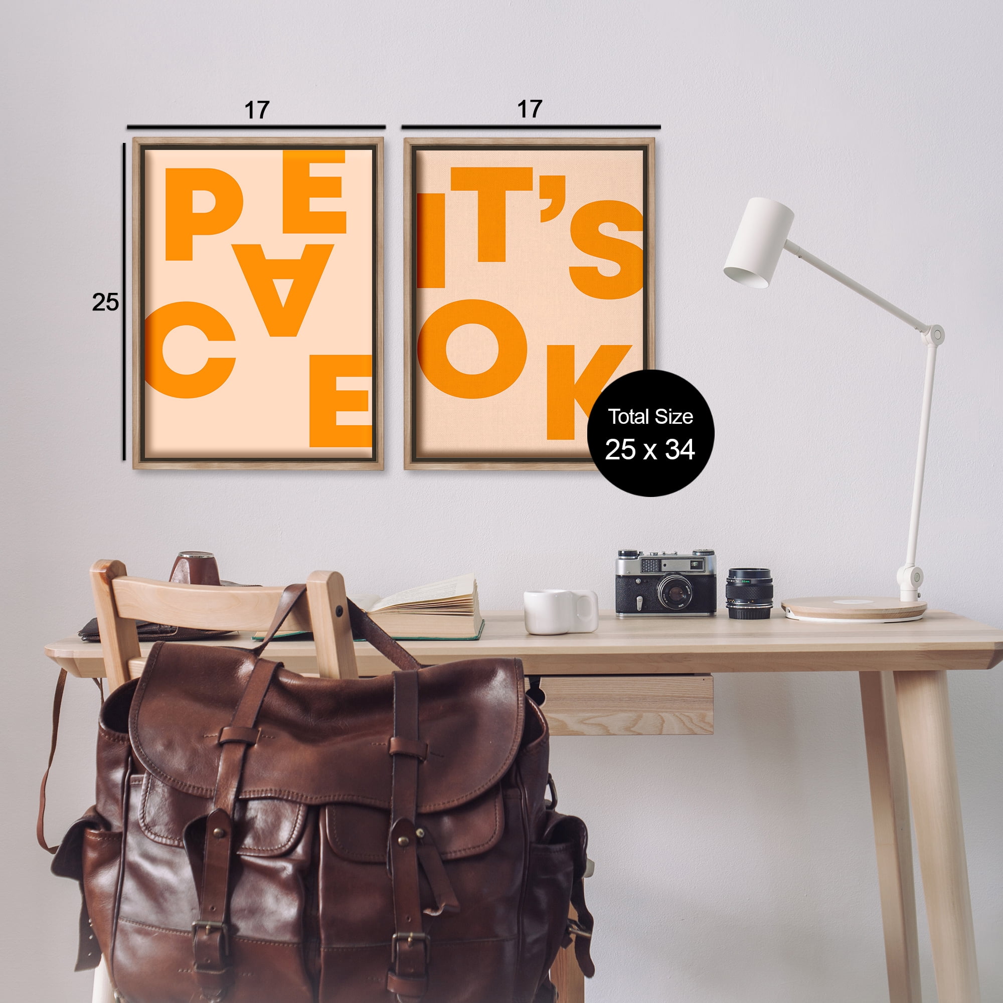 Stupell Industries Peace It's Ok Orange Text & Numbers Painting Brown Floater Framed Canvas Art Print Wall Art, 17 x 25, Set of 2