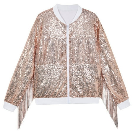 AWZXDE Girls Sequin Zip Up Jacket Long Sleeve Shiny Fashion Outerwear For Kids Personality Clothing Rose Gold