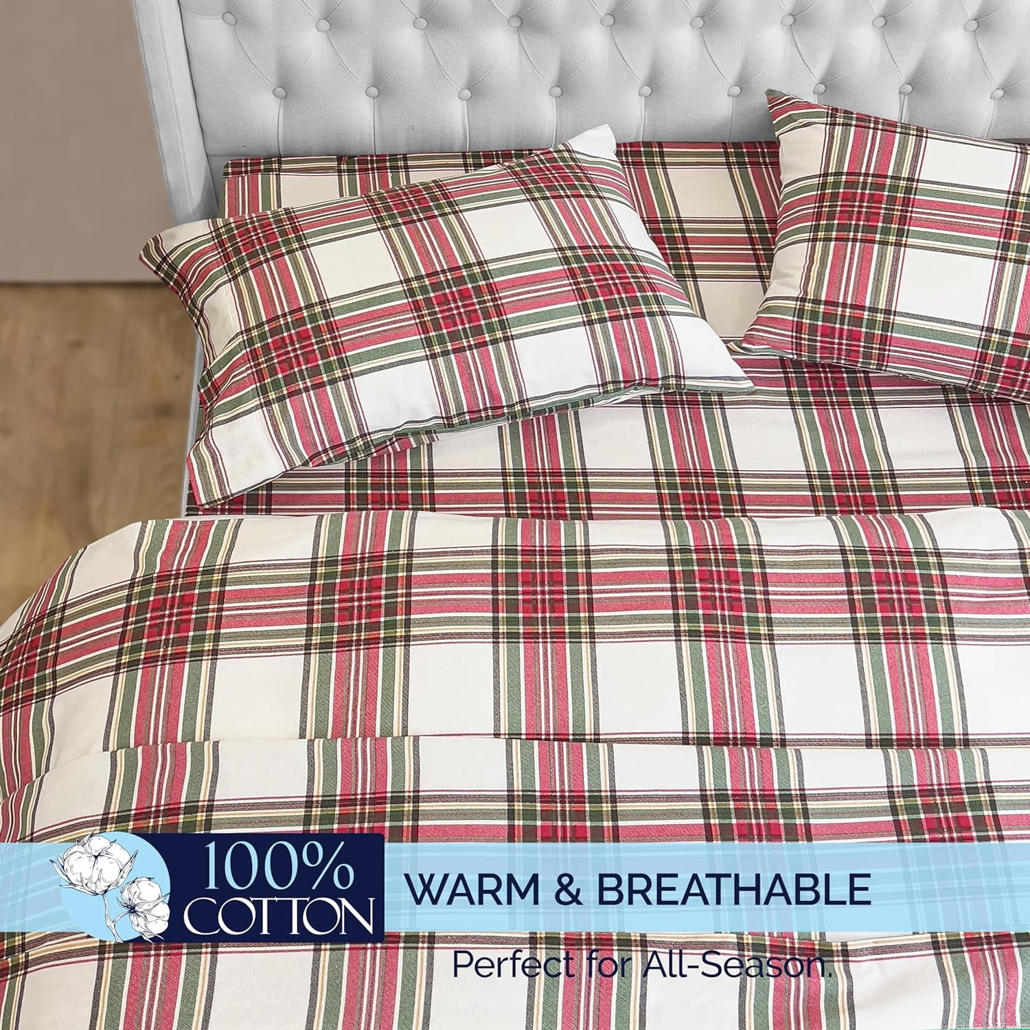 Elegant Comfort Soft 4-Piece Cotton Flannel Sheet Set -Deep Pocket Fitted Sheet, Flannel Sheets - Cali King, Plaid Ivory