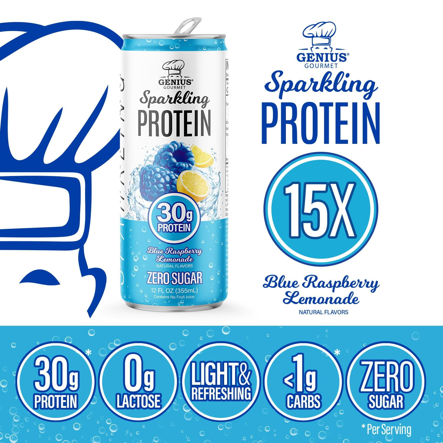 Genius Gourmet Sparkling 30g Protein, Blue Raspberry Lemonade, 12 Fl Oz (15 Ct)