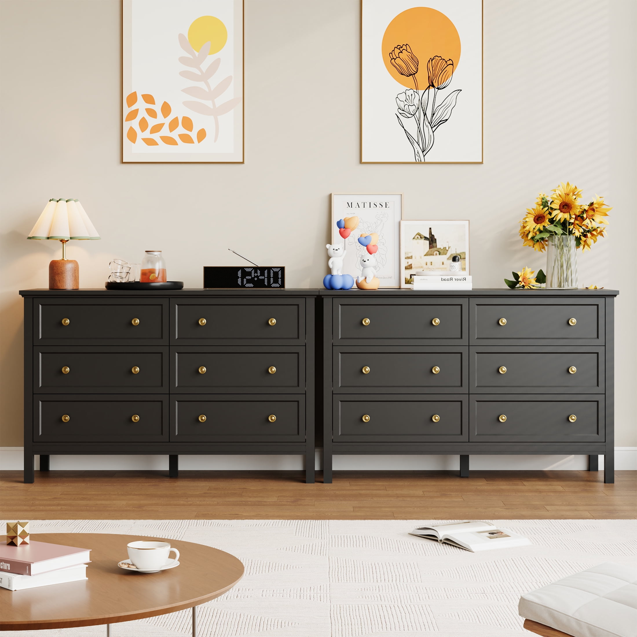 YouTrend Black Dresser with 6 Drawer for Bedroom,Traditional Adult Chest of Drawers with Golden Handles for Living Room,Hallway