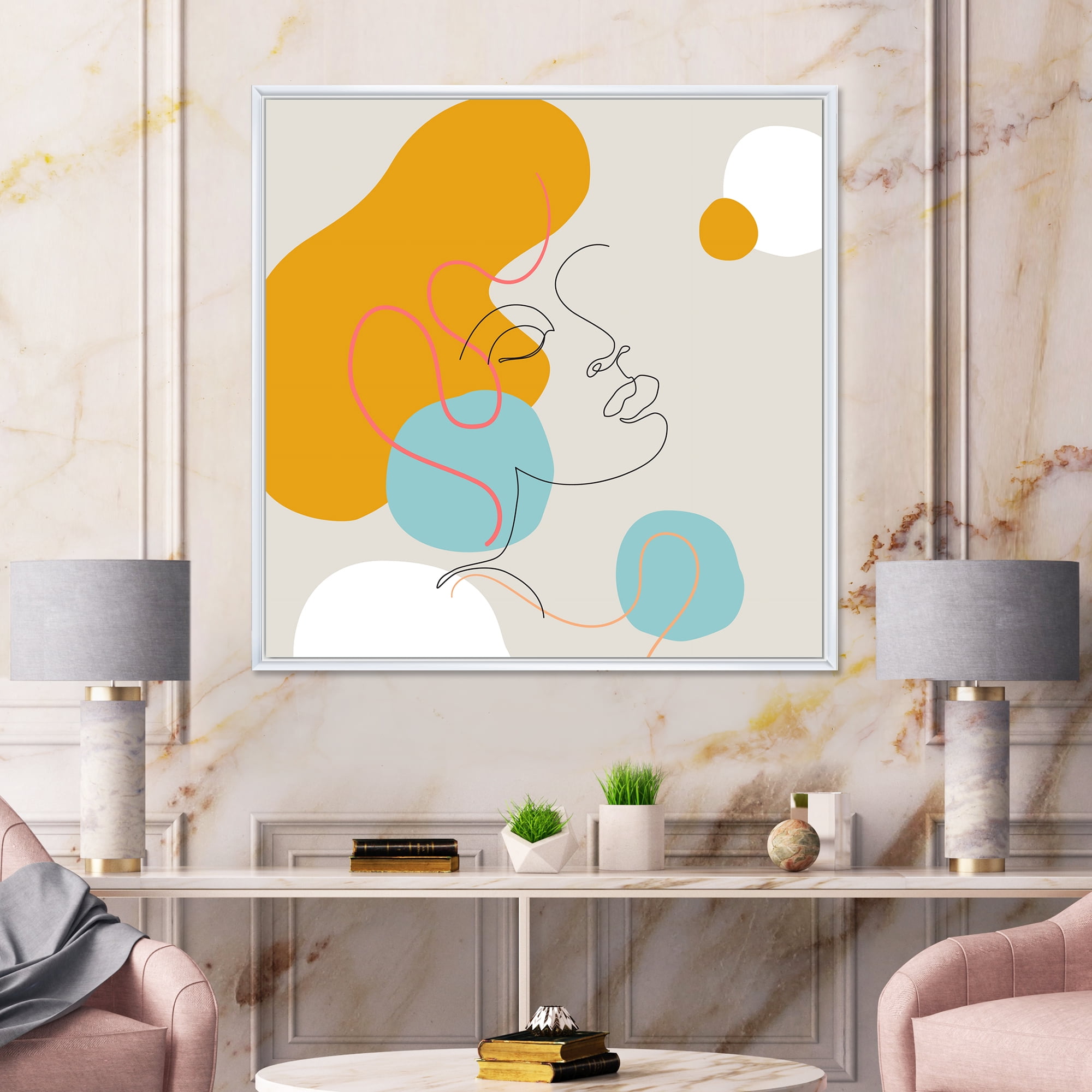 Designart 'Minimal Portrait of Female Face Drawn With One Line I' Modern Framed Canvas Wall Art Print