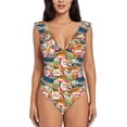thumbnail image 2 of Yiaed Retro Summer Stamp Print Women's Ruffled One Piece Swimsuit V Neck Swimwear Slimming Monokini for Woman-Small, 2 of 8