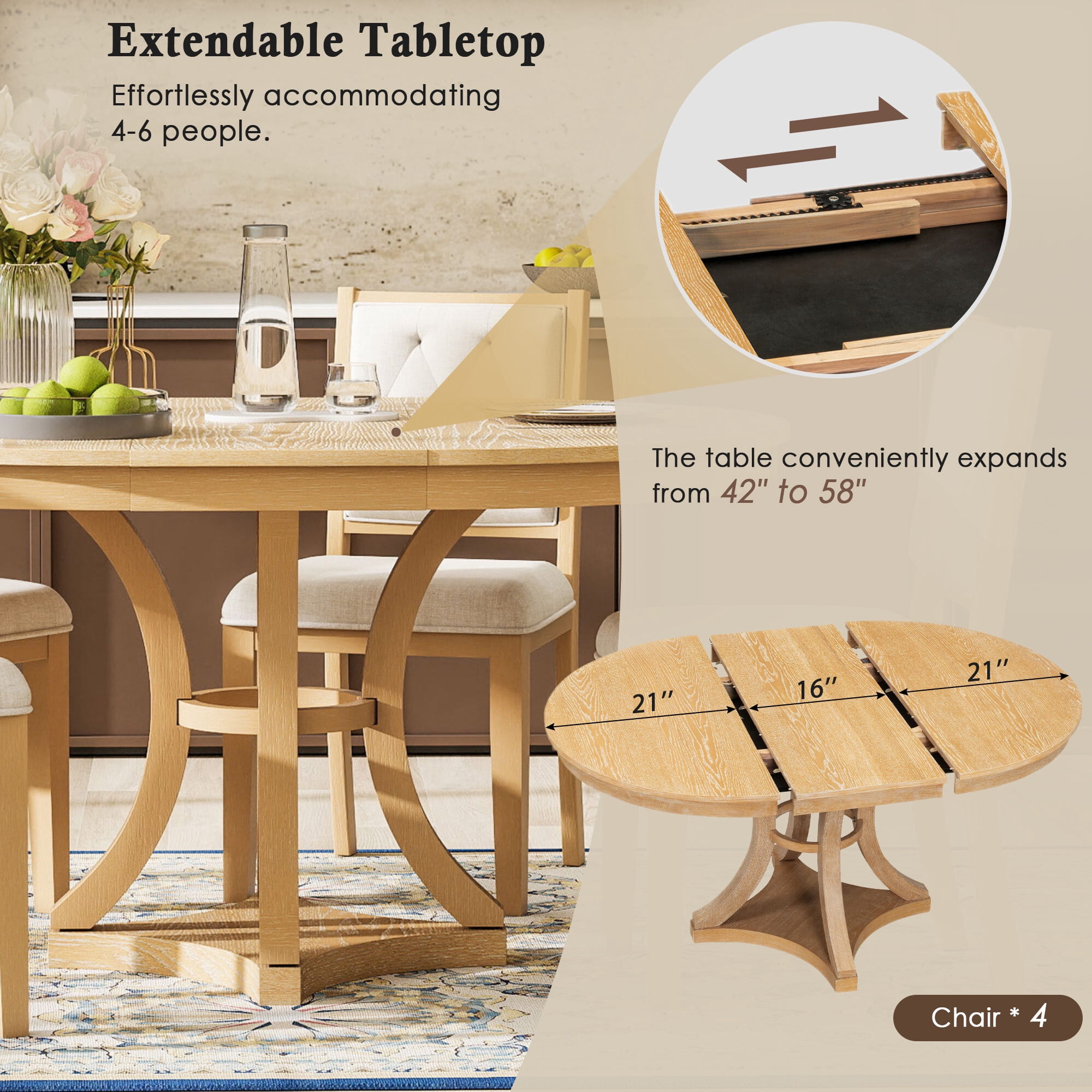 Euroco 5-Piece Retro Dining Table Set for 4,Extendable Round Table and 4 Upholstered Chairs Set for Living Room,Natural
