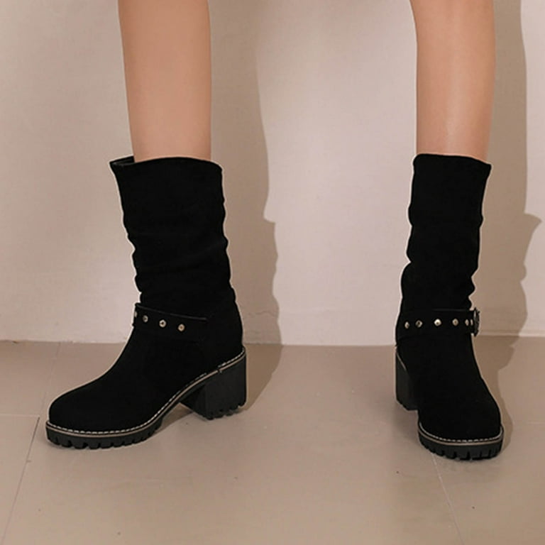 Mostsola Women's Slouchy Motorcycle Boots Suede Lug Sole Chunky