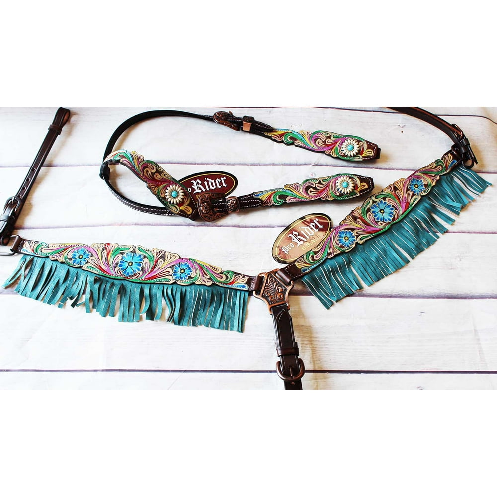 Horse Bridle Western Leather Headstall Breast Collar Turquoise Fringe