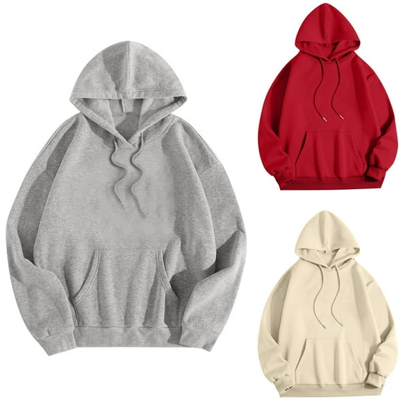 ATOYSOY Women's Casual Hoodie Sweatshirts Loose Sweaters Long Sleeve Drawstring Tops Fall Winter Solid Color Pullover with Pockets Crew Neck Blouses Outwear Beige L
