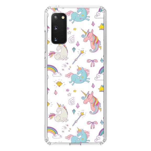DistinctInk Clear Shockproof Hybrid Case for Galaxy S20 ULTRA / 5G (6.9" Screen) - TPU Bumper, Acrylic Back, Tempered Glass Screen Protector - Unicorn Rainbow Wand Pattern - White