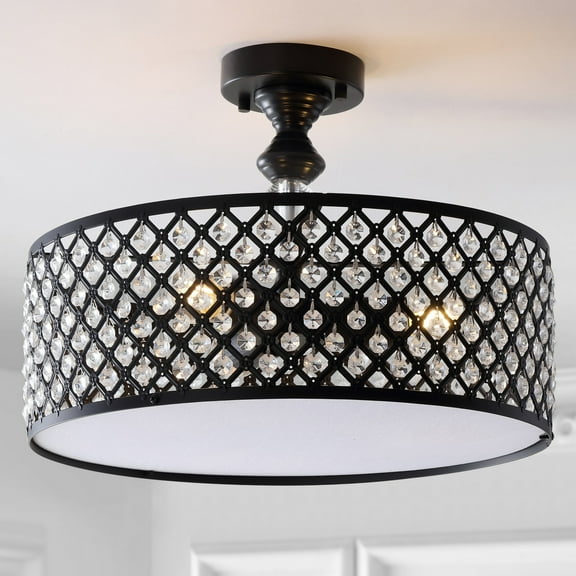 JONATHAN Y Elise 17" 3-Light Crystal/Metal Drum Semi-Flush Mount, Black