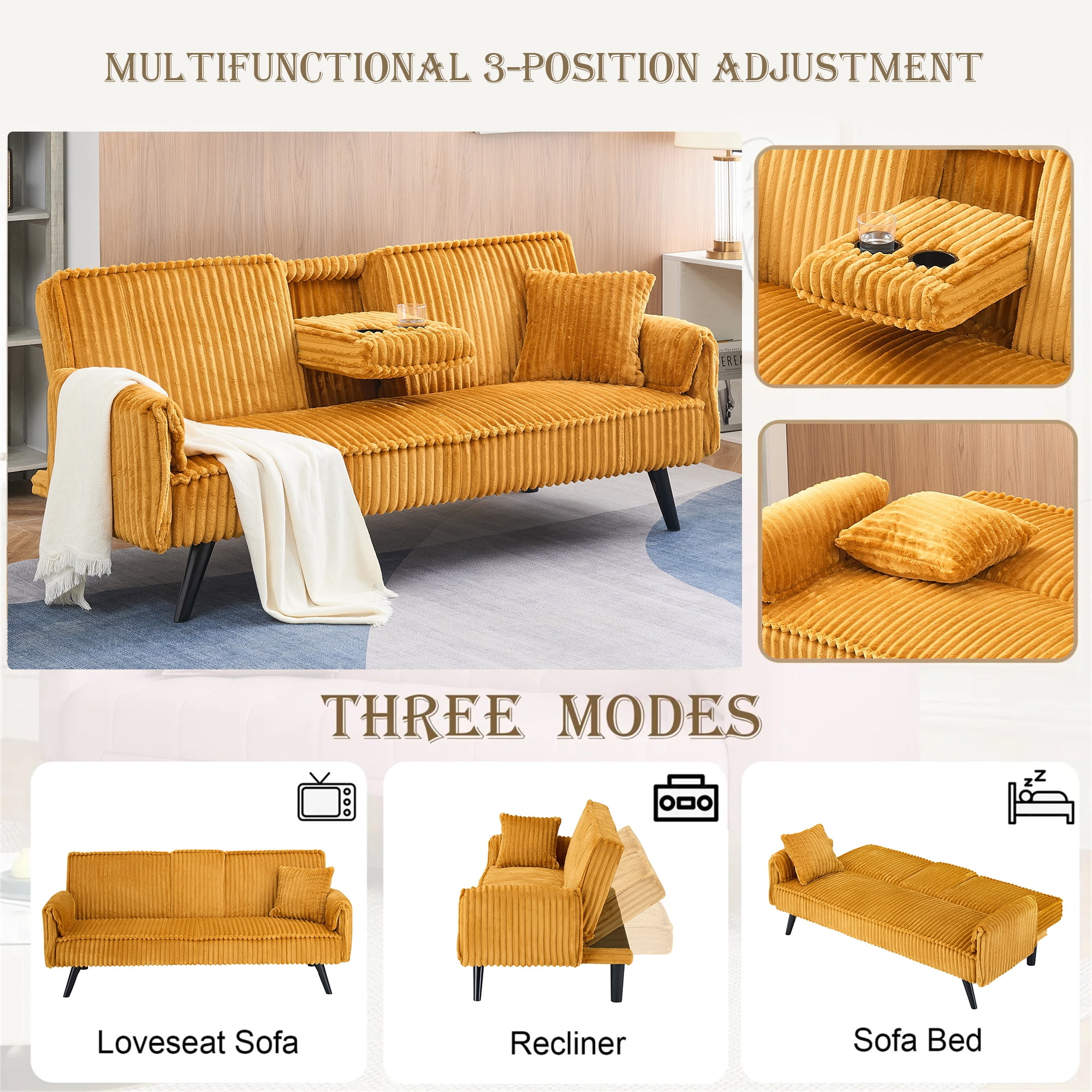 Aukfa Corduroy Futon Convertible Sofa Bed, 2 Cup Holders& Pillow, Straight-line Tufted, Mustard