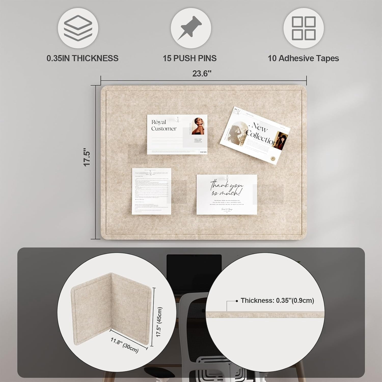 Large Felt Bulletin Board for Wall, 24"x18" Frameless Picture Board, Soft Cork Office, Home Planning & Office Wall Decor, Easy Install Pin