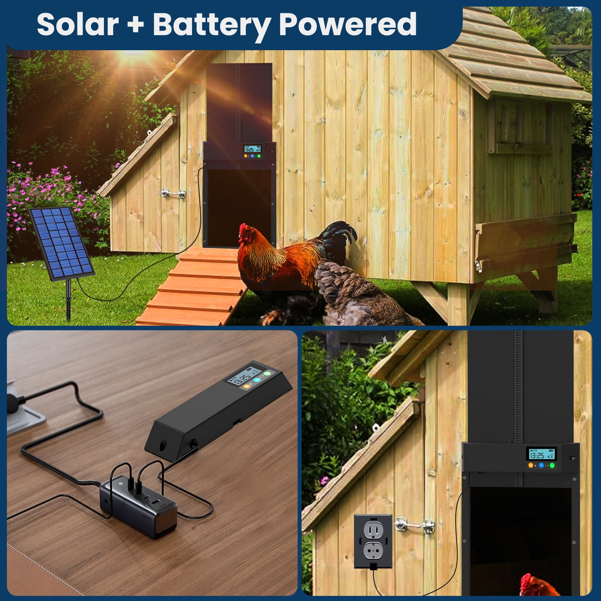 Solar Automatic Chicken Coop Door, Mollan Chicken Coop Door Opener with LCD Screen, Light Sensor/ Timer/ Remote Control Auto chicken Doors, Anti Pinch Waterproof Coop Door, Ideal for Chicken Breeding