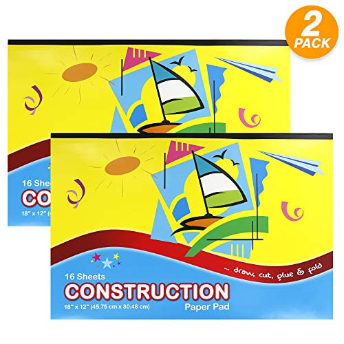 Emraw 18' x 12' Mini Construction Paper Pad Draw, Cut, Glue and Fold Perfect for Kids Children While Travelling - 16 Per Pack (Pack of 2)