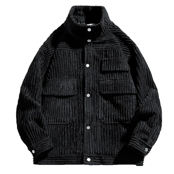Herrnalise New Fashion Casual Corduroy Cargo Jacket Cardigan Solid Color Stand Collar Long Sleeve Hoodless Casual Outwear & Jackets Black
