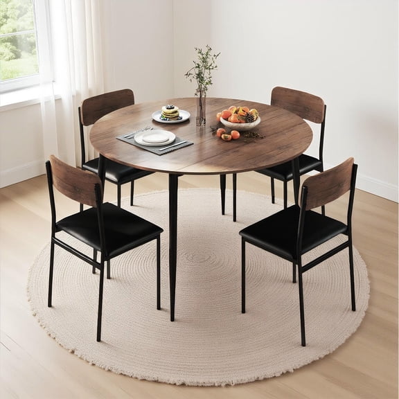 GVN 5-Piece Round Kitchen Table Set Functional Dining Set with Drop Leaf Tabletop 4 Upholstered Chairs for Kitchen Dining Room Living Room Furniture, Brown
