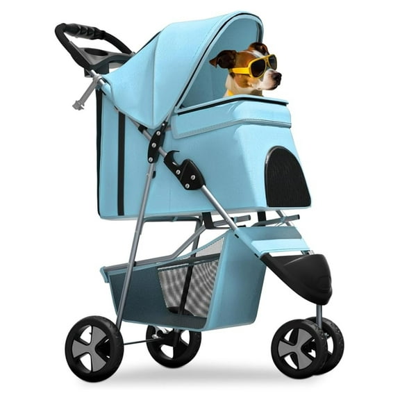 WDZS 3-Wheel Pet Stroller, Foldable Travel Jogger for Small & Medium Dogs & Cats (Up to 33lbs), Lightweight Carrier with Breathable Mesh Cover, Cup Holder & Storage Basket, Mint Green