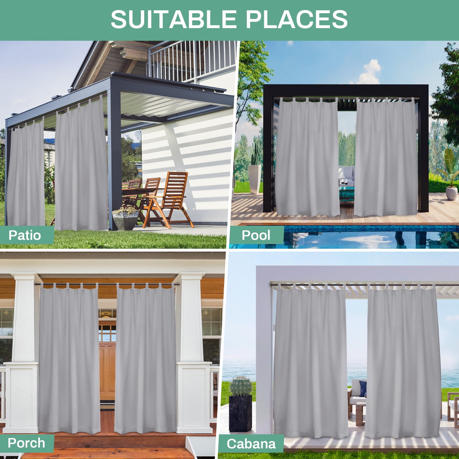 DONGPAI Outdoor Patio Curtains Waterproof 52" x 96" Blackout Tab Top Privacy Thermal Insulated Curtains for Pergola Porch, 1 Panel, Light Gray