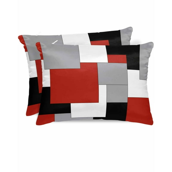 Hokiten Pillow Cases Queen Size Set of 2, Couch Pillow Covers, Red Grey Black Geometric Satin Pillowcases with Zipper for Hair/Skin, Middle Century Modern Art Abstract 20x30 Inches