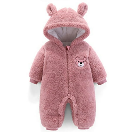 

EHTMSAK Infant Baby Toddler Fleece Long Sleeve Jumpsuit for Girl Boy Winter Warm Thick Hooded Romper Pink 3M-18M 80