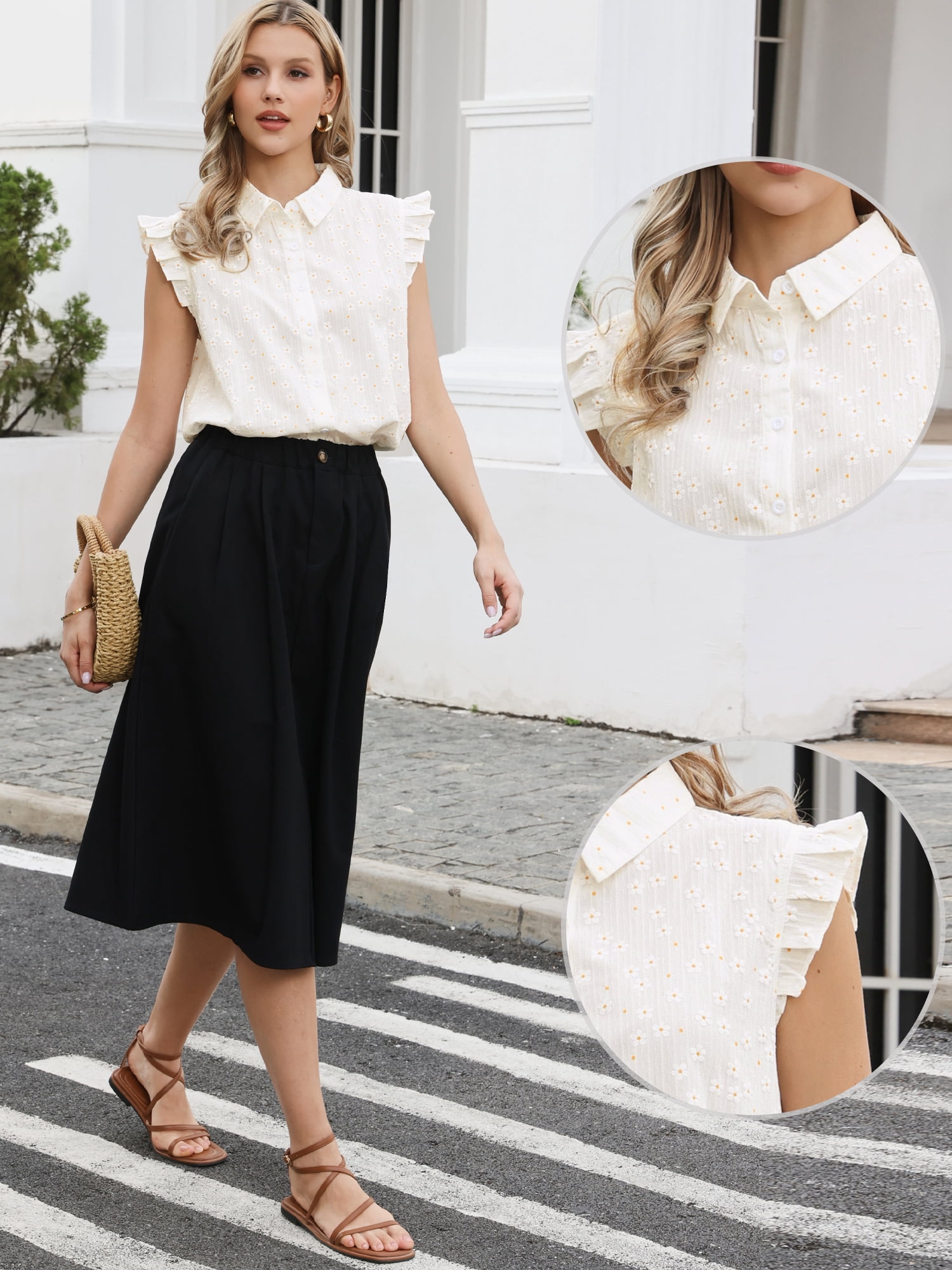 DARING DIVA Women's Cute Floral Tops Ruffle Cap Sleeve Button Down Dressy Shirts S White