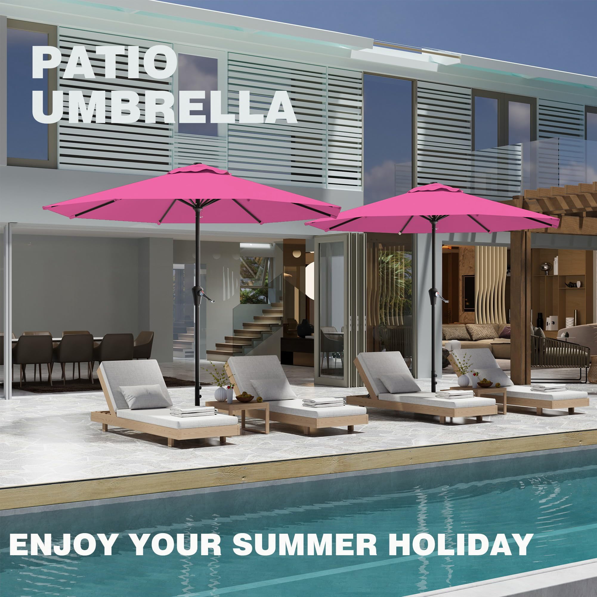 9 FT Outdoor Patio Umbrella with Push Button Tilt and Crank, 8 Rib Sturdy Garden Market Pool Umbrella, Beige