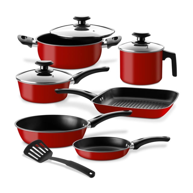 Set de Cacerolas, Sartenes y Hervidor Antiadherentes de Acero de Carbono, para Saltear Hervir Freír rojo 10