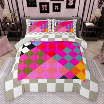 Manfei Teens Adults Minimalist Colorful Grid Full Size Comforter Sets 3-Piece,Geometric Plaid Bedding Comforter Set,Vintage Aesthetic Lightweight Bedding Sets,Super Cozy Room Decor,Reversible