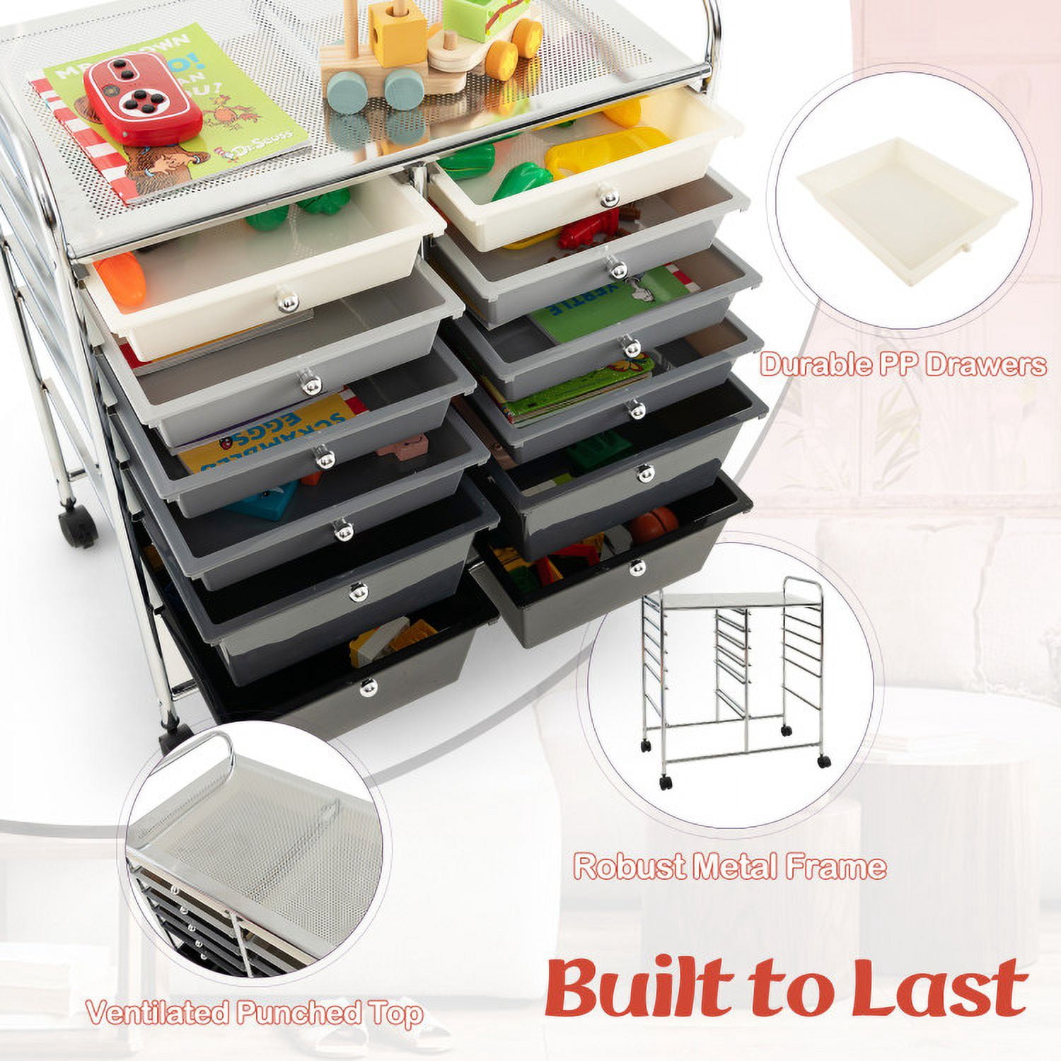 Spaco 12-Drawer Rolling Storage Cart with Removable Drawers and Lockable Wheels-Gray, Craft Organizers and Storage, Multipurpose Organizer Cart for Home, Office, School