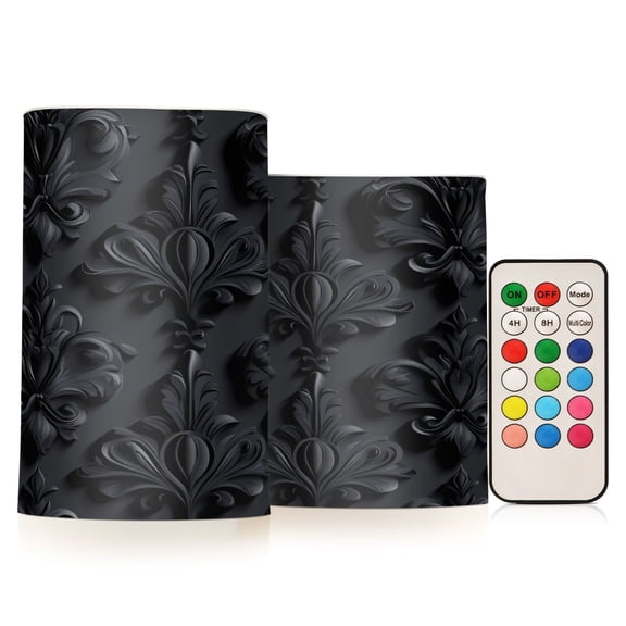 Flickering Flameless LED Candles set of 2 Battery Operated 18-Key Remotes Timer Halloween Fall Decor 3d Dark Black Damask D3''xH4''5''