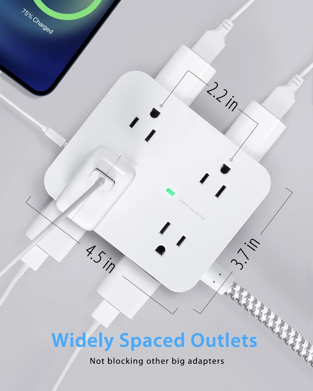 Surge Protector Power Strip - 8 Widely Outlets with 4 USB Charging Ports, 3 Side Outlet Extender with 5Ft Braided
