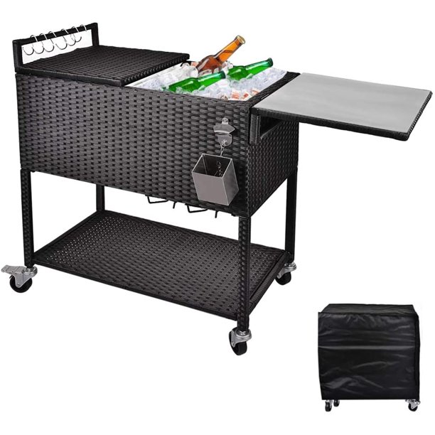 Magic Union 80 Quart Rattan Rolling Cooler Cart Ice Chest on Wheels