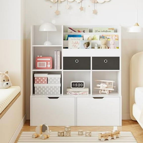 Danolapsi Kids Bookshelf 47.8in Toy Storage Organizer with Drawers Modern Bookcase with Cubbies White Floor Storage Cabinet Wooden Toy Chest Playroom, Classroom,Nursery,Kids Room