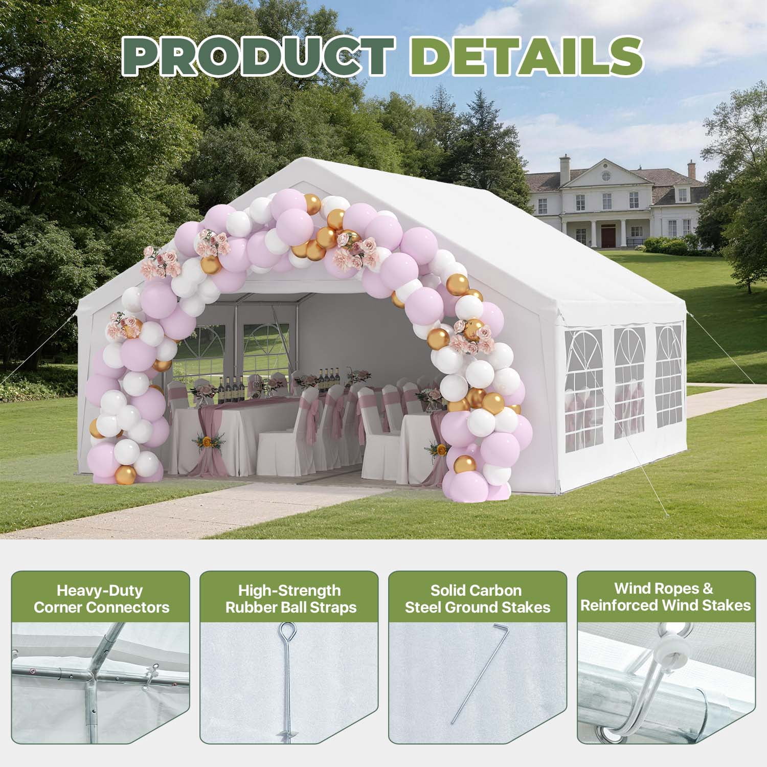 BaPiPro 20x20 FT Heavy Duty Outdoor Party Tent with Removable Sidewalls, Commercial Wedding Marquee, Carport & BBQ Shelter, UPF50+ Waterproof Protection, White