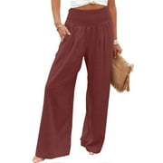 Wide Leg Pnats for Women Plus Size Casual Solid Color Comfy High Rise Pants for Women Fashion Loose Fit Daily Trendy Womens Pants Straight Lightweight Party Vacation Beach Pants（Wine,XXL）