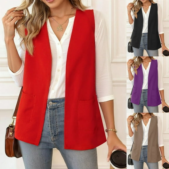 Daiosportswear Winter Warm Women's Sleeveless Blazer Vest Fully Lined Casual Work office Jacket with Pockets Red XL(XL)