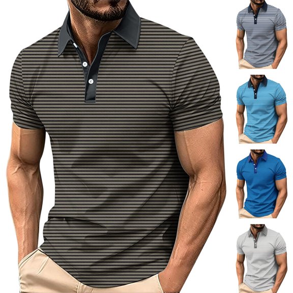 Awwp Polo Shirts for Men, Men's Striped Polo Shirt Casual Golf T-Shirt Short Sleeve Lapel Top Oversized Large Size Sports Shirt Fashion Top Mens Polo Shirts Short Sleeve Blue Size: L