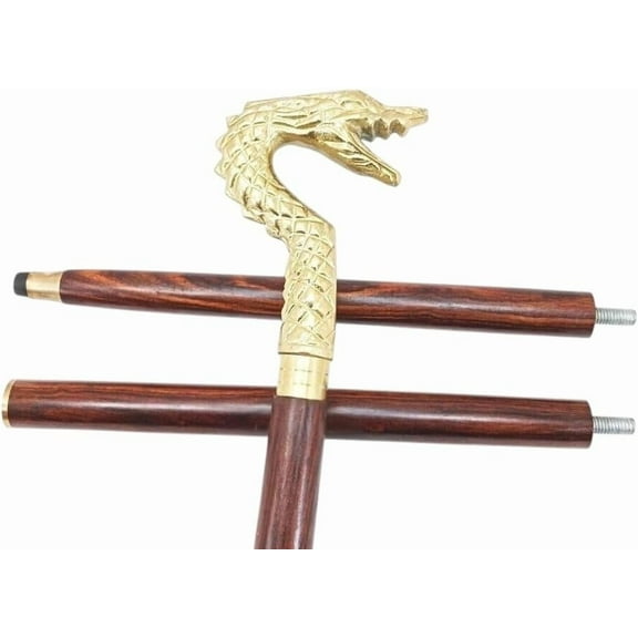 Vintage Brass Dragon Handle Walking Stick – 3 Fold Wooden Cane by Maritime Treasures