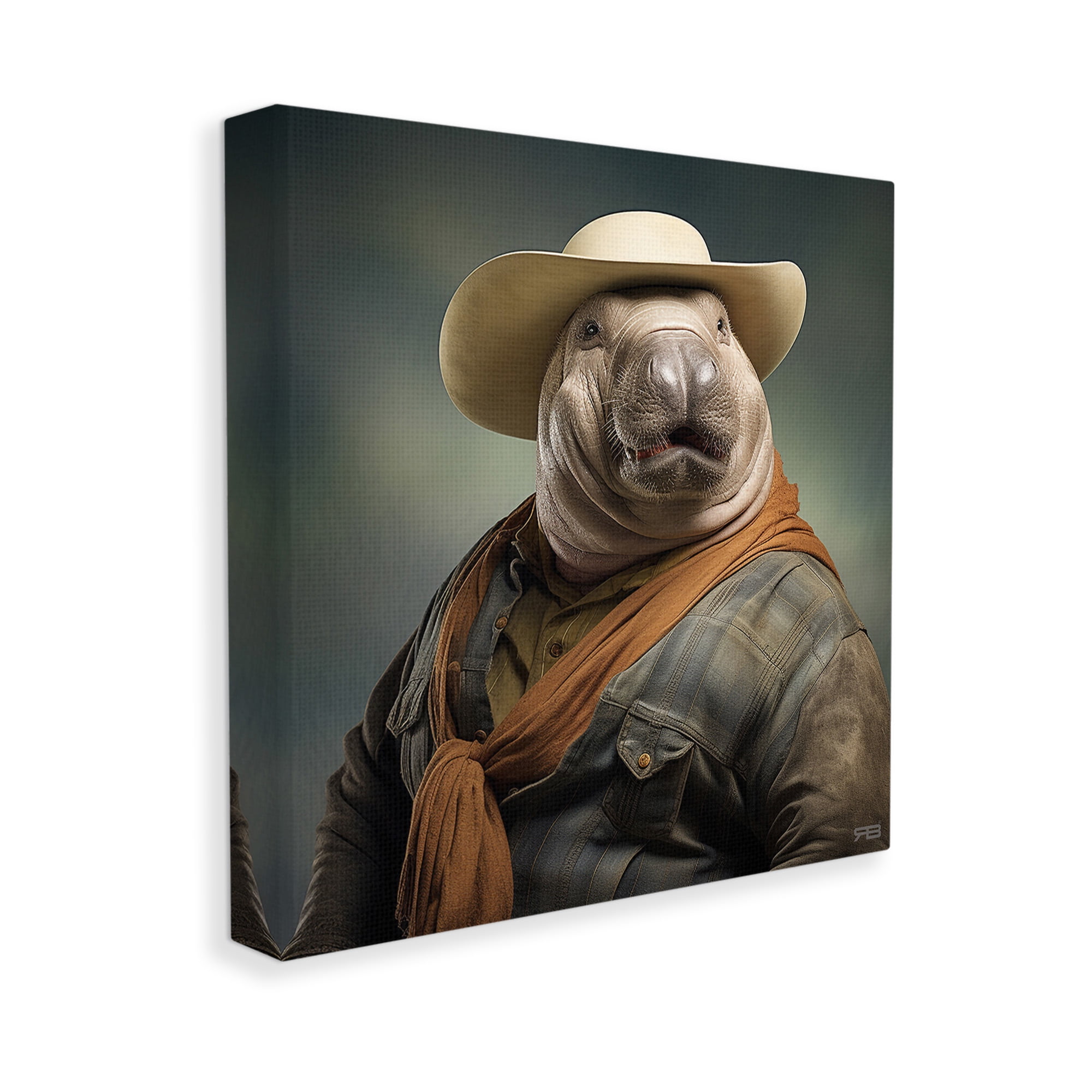 Stupell Industries Cowboy Manatee Portrait Animals & Insects Painting Gallery Wrapped Canvas Art Print Wall Art, 17 x 17