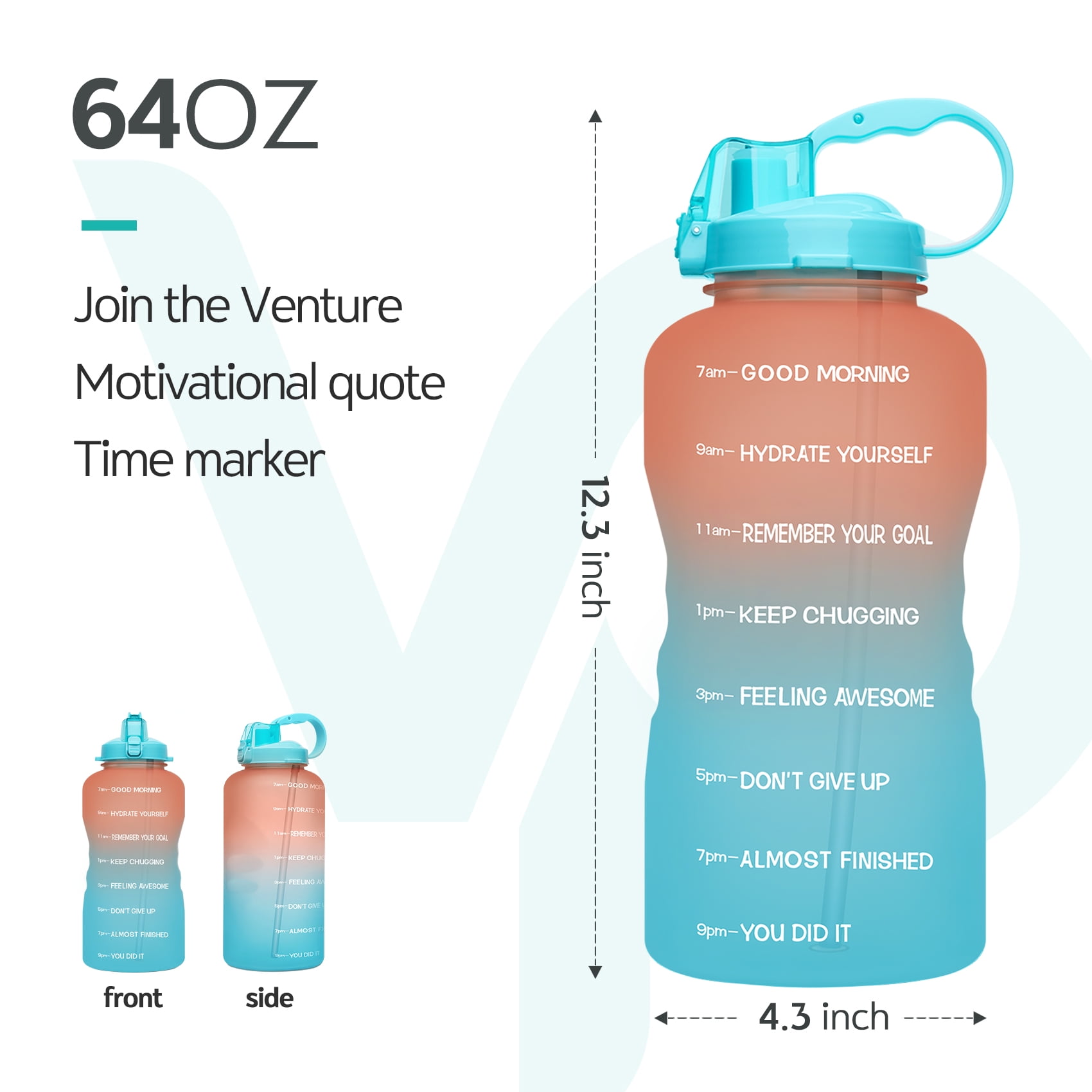 Venture Pal 64oz Motivational Quote Water Bottle with 2 Lids
