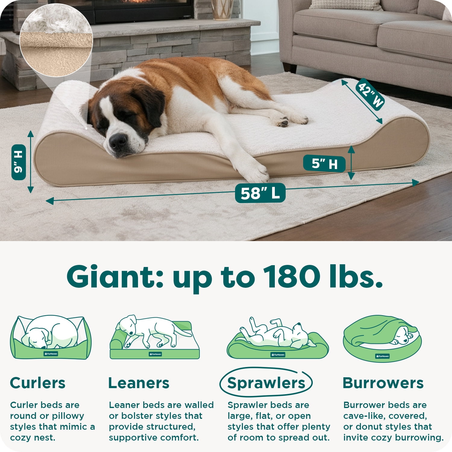 FurHaven Pet Dog Bed | Orthopedic Ultra Plush Luxe Lounger Pet Bed for Dogs & Cats, Cream, Giant