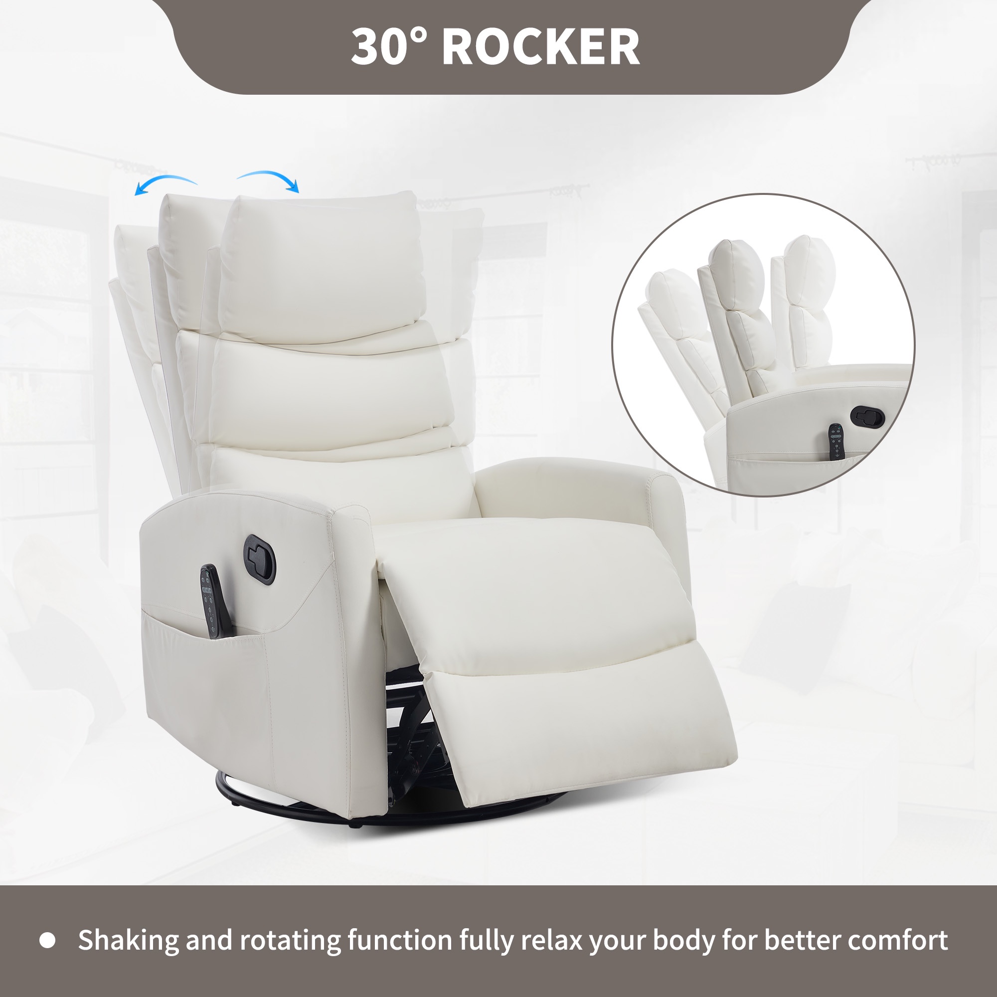 PAPROOS Rocker Recliner with Heat Therapy and Massage, PU Leather 360°Swivel Rocker Recliner, Rocking Chair for Nursery, Small Rocking Recliner, Manual Recliner for Home Theater Living Room, White