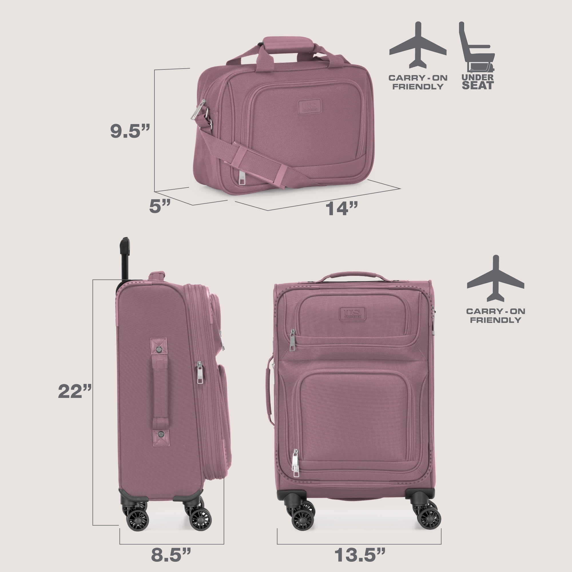 U.S. Traveler Rio 2-Piece Expandable Softside Carry-on Luggage Set - Spinner Wheels, TSA-Approved, Tote Bag, Lightweight Travel Suitcase, Mauve (22/14)