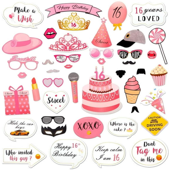 LASLU Sweet 16 Birthday Photo Booth Props Party Kit(44Counts), Funny Sweet Sixteen Photo Props Sticks Pink Decor Great
