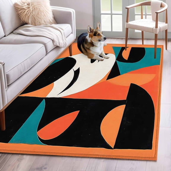Color Block Area Rug 3x5 Washable Rug Non Slip Orange Teal Black Contemporary Abstract Large Area Rug Indoor Floor Carpet for Entryway Bedroom Kitchen Living Room Home Office Dining Room Nursery