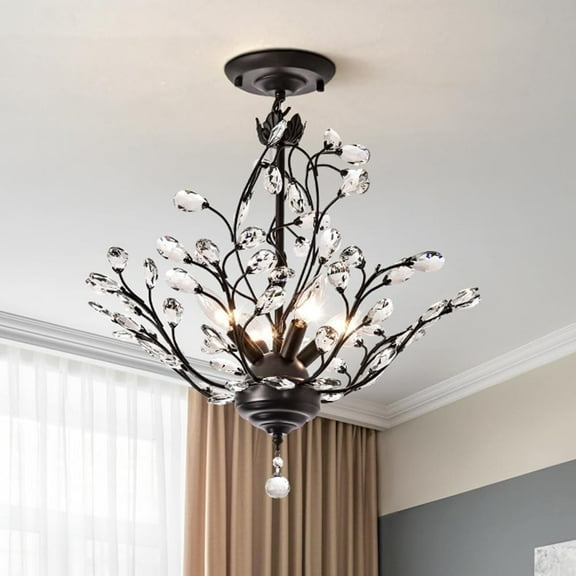 Maxax 4 Lights Semi Flush Mount Crystal Chandelier, Modern K9 Ceiling Light Fixtures, Adjustable Hanging Pendant Lighting, E12 Ceiling Light for Entry Way, Dinning Room, Living Room, Bedroom, Black